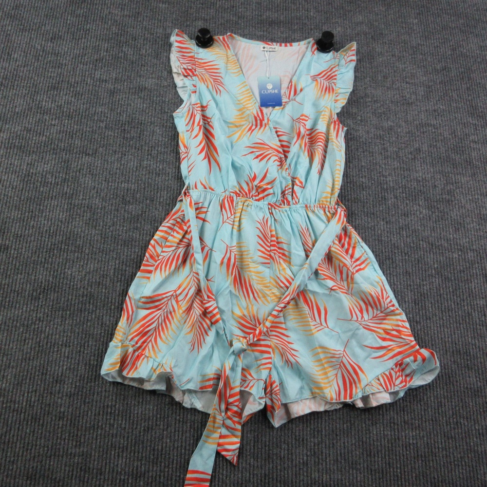 Cupshe Romper Womens S Blue Tropical Floral V-Neck Short Sleeve Ruffle NWT